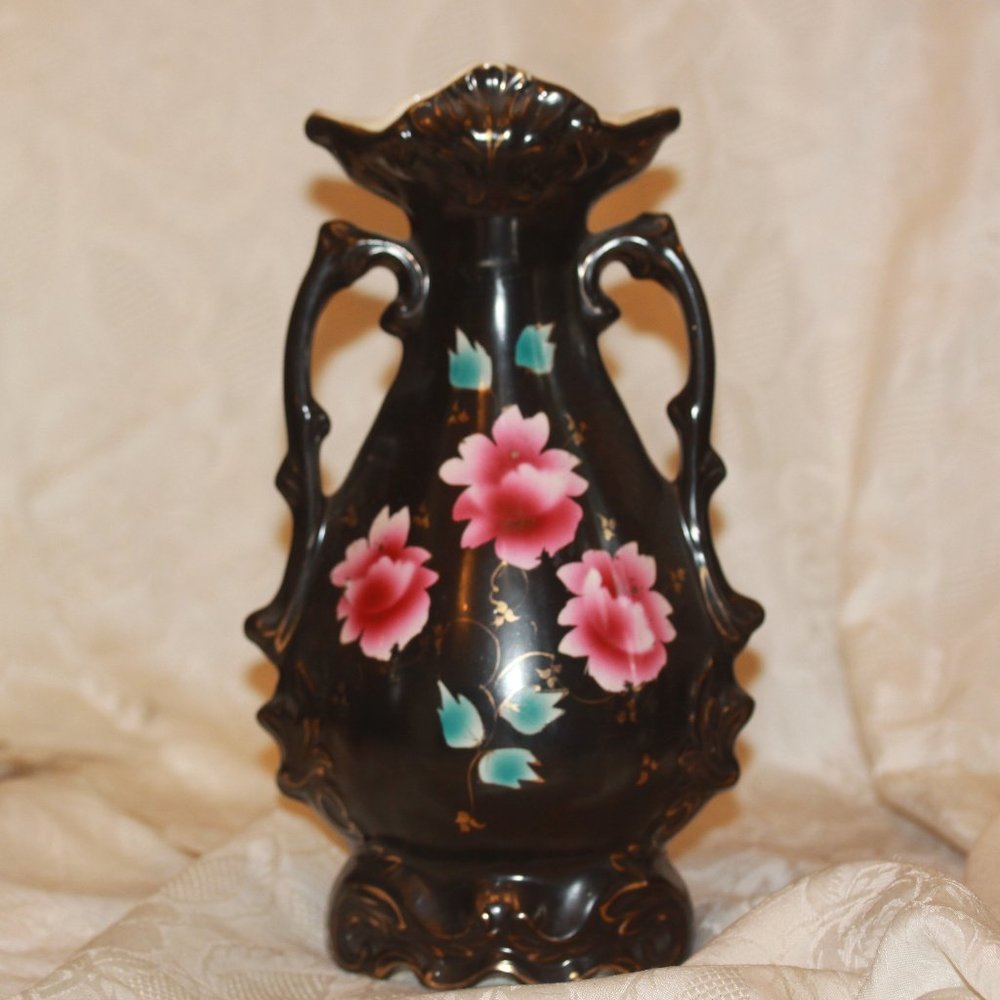 Vintage Black Hand-Painted Floral Vase 11" Tall, Made in England  Two handles
